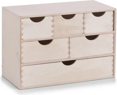 A wooden drawer unit with multiple drawers.