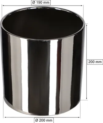A silver cylindrical pot with dimensions indicated.