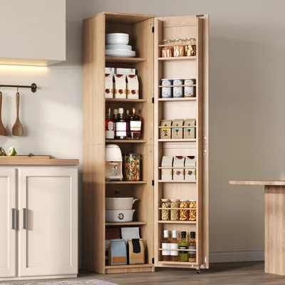 Produktbild von MODFU Hochschrank 40x40x183 cm Küchenschrank mit Türablagen, schmaler Aufbewahrungsschrank mit verstellbaren Einlegeböden,Natur