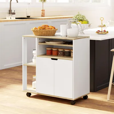 Produktbild von Küchenwagen mit Rollen, Servierwagen MDF Schrank verstellbare Regale, Küchenrollwagen, Naturholz+Weiß | 80 x 40 x 82 cm | 26 kg | 2 Bremsen