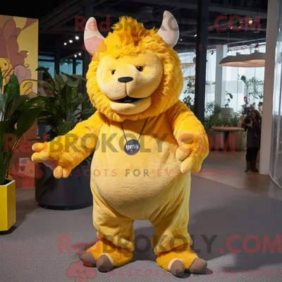 Produktbild von Gelbes REDBROKOLY Wollnashorn-Maskottchenkostüm mit Schlagjeans und Hosenträgern