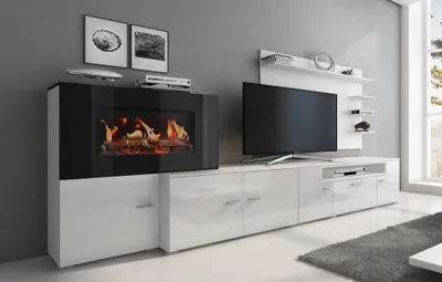 A modern living room entertainment unit with a built-in electric fireplace and a television.