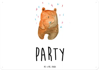 Produktbild von Mr. & Mrs. Panda Wandbild Bär Party DIN A3 - Weiß - Geschenk, Türschild, Geburtstagsgeschenk, Teddy, tafel, Lustig, Blechschild, Geburtstag, Gute Laune, Schild, Retro