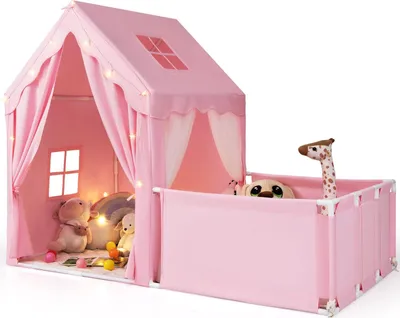 Produktbild von GOPLUS Kinderzelt groß, 2-in-1 Spielhaus Kinder Indoor mit Hof, Sternenlichter, Waschbarem Kissen, Spielzelt für 4-5 kinder ab 3 Jahren (Rosa)