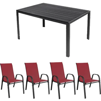 Produktbild von Gartenmöbel Set Essgruppe Alu Tisch 5-tlg. 4x Stapelsessel Gartenset Sitzgruppe burgundrot