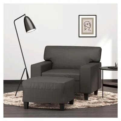 Produktbild von Sessel mit Hocker in Grau, 60 cm Sitzbreite, Kunstleder, stabiles Metallgestell, bequeme Polsterung, vielseitig einsetzbar