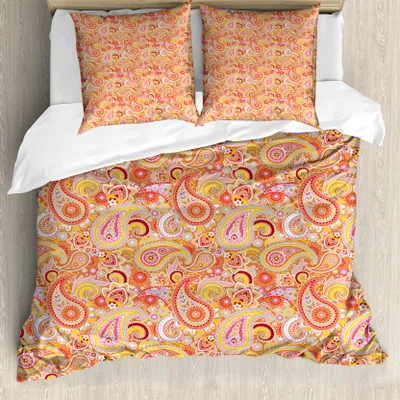 Produktbild von ABAKUHAUS Orange Bettbezug, Paisley, Milbensicher Allergiker geeignet mit Kissenbezügen, 155 cm x 220 cm - 80 x 80 cm, Mehrfarbig