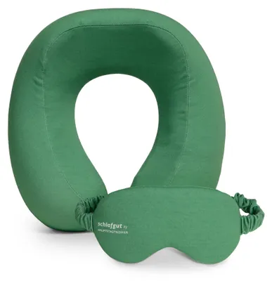 Immagine prodotto di Set da viaggio cuscino da viaggio in memory foam + maschera per il sonno cuscino per il collo che blocca la luce, copertura per aereo rimovibile e lavabile, cuscino per il collo e maschera per gli occhi accessori da viaggio, verde