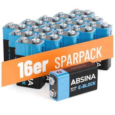 Produktbild von ABSINA 16x 9V Blockbatterie Alkaline - 9V Batterie langlebig & auslaufsicher für Rauchmelder & vieles mehr