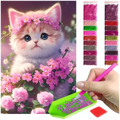 Produktbild von ARTULIO - Diamond Painting Set - Weißes Kätzchen mit rosa Blumen - 60 x 40 cm - Groß XXL - Bilder DIY, 5D Diamant Painting