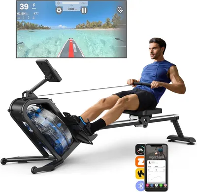 Produktbild von Merach Wasserrudergerät mit Magnetbremse & LCD – Bluetooth-App, einstellbare Widerstandsstufen, iPad-Halter & ergonomischer Sitz, bis 150 kg, vertikal