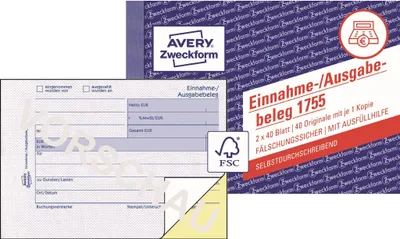 Produktbild von Avery Zweckform 1755, Einnahme-/Ausgabebeleg, A6 quer, selbstdurchschreibend, 2x40 Blatt