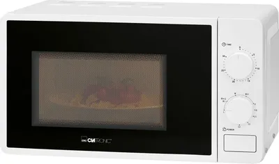 A white Clatronic microwave oven is shown from the front-left angle against a white background. The microwave door is black and slightly transparent, revealing a plate with food inside. The right side of the microwave has two control dials and a small rect