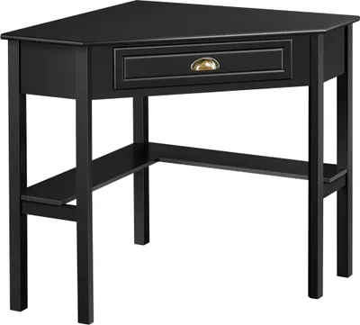 A black corner desk with a drawer and shelves, shown from the front-left.