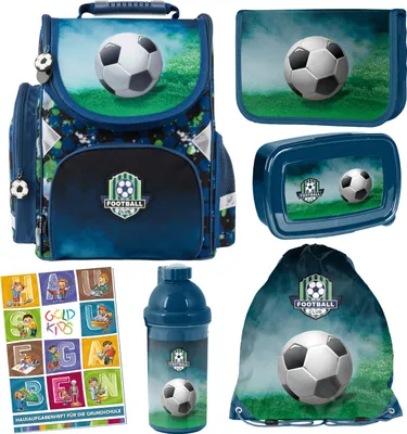 Produktbild von Schulranzen für Jungen, 6er-Set - Schul-Rucksack für Kinder mit Federmäppchen - Schuhbeutel und Hausaufgabenheft - Fußball Motiv