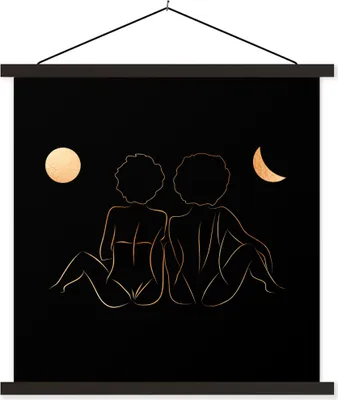 Produktbild von MuchoWow® Textilposter Frauen - Mond - Gold - Strichzeichnung 60x60 cm mit schwarzem Rahmen - Posteraufhänger