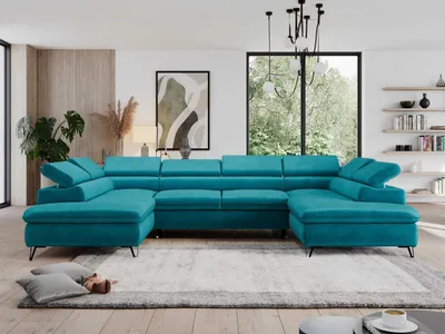 Produktbild von Wohnzimmersofa mit Schlaffunktion, U-form, verstellbare Kopfstützen, Bettkasten - PEDRO U - Velvet - Türkis
