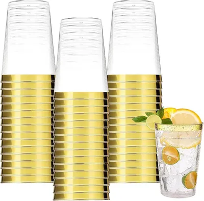 Produktbild von 60 Stück Goldrand Partybecher Set, 300ml, Wiederverwendbar, Hochzeit, Geburtstage