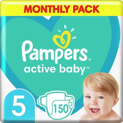 Productafbeelding van Pampers Active-Baby maandelijkse box met luiers, inclusief een extra "slaag"-laag, 150 stuks.