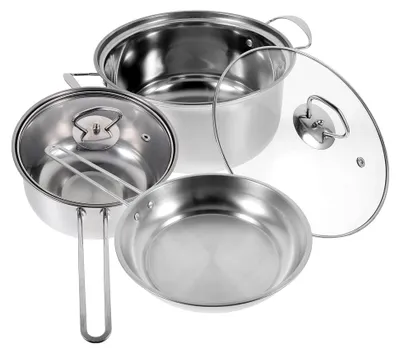 Produktbild von Edelstahl-Kochgeschirr-Set mit Suppentopf, Milchtopf und Bratpfanne für vielseitige Küchenbedürfnisse