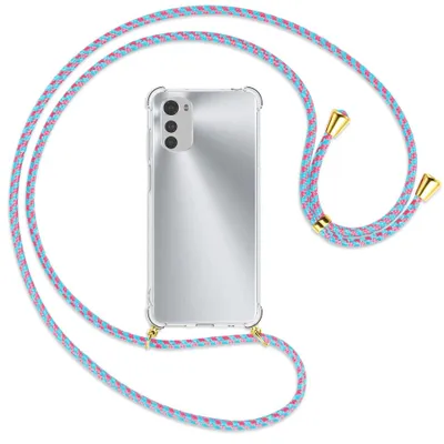 Produktbild von Handykette Backcover-Schutzhülle mit Band (Metall goldfarben) für Motorola Moto E32, Moto E32s - pink/mint