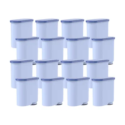 A collection of water filter cartridges arranged in rows.