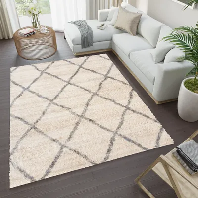 Produktbild von Teppich Wohnzimmer Schlafzimmer Modern Design Shaggy Hochflor Langflor Creme  80 x 150 cm