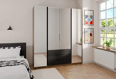 Produktbild von Kleiderschrank mit Drehtüren KAYA XIV 200 cm, Kleiderschrank mit großem Spiegel & Schubladen (Farbe: eiche Evoke+schwarz)