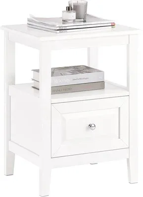 Image de Table de chevet - Meuble de chambre moderne - En MDF et en pin massif - Avec tiroir et compartiment - 45x60x35 cm - Blanc