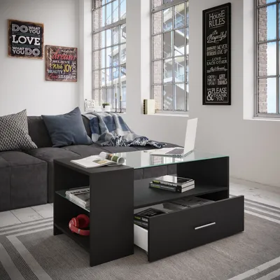 Produktbild von VCM Holz Couchtisch mit ESG-Sicherheitsglas | Sofatisch mit ausreichend Stauraum | Maße ca. H. 45 x B. 100 x T. 50 cm | Wohnzimmertisch mit Schublade - Tindala