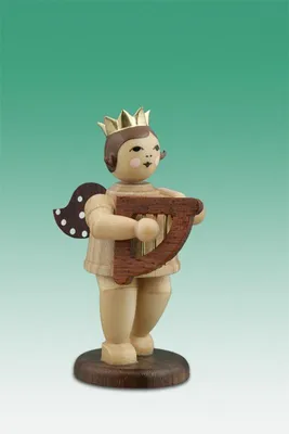 Produktbild von Holzfigur Musikantenengel mit Handharfe und Krone natur Höhe 6,5cm NEU
