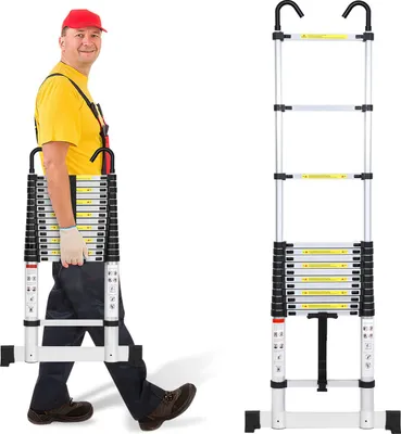 Produktbild von Jayseuw Aluminium Teleskopleiter 4,4M Silber, Leiter Ausziehbar mit Stabilisator und Abnehmbaren Haken, Klappleiter, Mehrzweckleiter, Stehleiter, Haushaltsleiter, Außenleiter, 150 kg Belastbarkeit