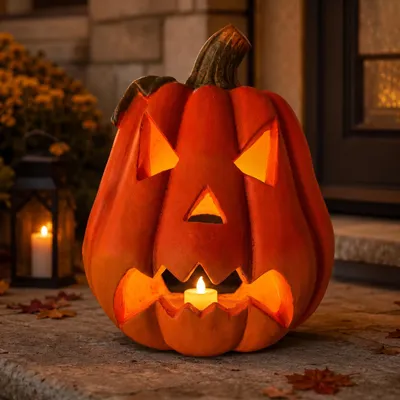 Produktbild von XXL Kürbis-Laterne als LED Halloween-Deko Windlicht in 30x26 cm