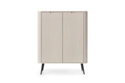 A cabinet with two doors and four legs, presented on a white background.