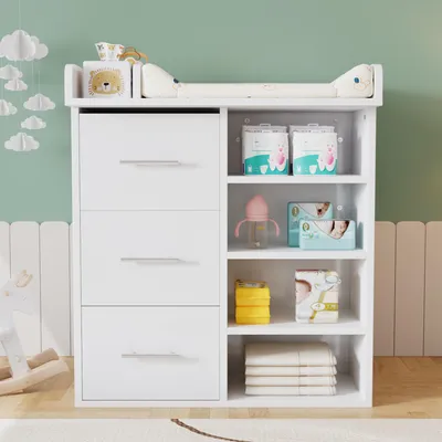 Produktbild von Merax Wickelkommode mit 3 Schubladen. Wickeltisch mit viel Stauraum und verstellbare Regalböden. sicherer Wickelplatz mit seitlicher Stauraum. Weiß