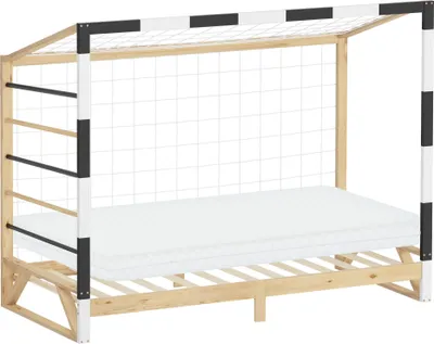 Obrázek produktu pro ML-Design dětská postel fotbalová branka 90x200 cm s matrací dřevěná postel s roštovým rámem žebřík na šplhání a síť postel pro mládež z borovicového dřeva jednolůžková postel házenkářská branka