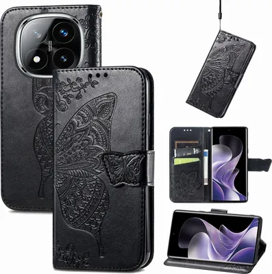 Produktbild von Für Xiaomi Redmi Note 14 Pro 5G Kunstleder Wallet Handy Tasche Schmetterling Design Hülle Etuis Schwarz
