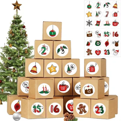Productafbeelding van Adventskalender om zelf te vullen, voor 2026, met 24 vakken, van kraftpapier, inclusief 24 stickers