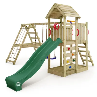 Image de WICKEY Tour de jeux RocketFlyer avec balançoire & toboggan, tour d'escalade avec bac à sable, annexe d'escalade & accessoires de jeu - vert
