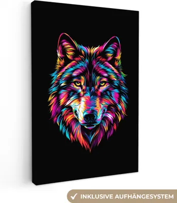 Produktbild von MuchoWow® - Leinwandbilder - Wolf - Bunt - Schwarz - Tiere - Neon, Wandbild, Wanddeko Bilder Wohnzimmer, 60x90cm