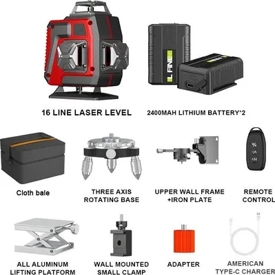 Obrázek produktu pro Laserová vodováha - 4D, 16 linií - 360° horizontálně a vertikálně - 4barvý laserový paprsek - dálkové ovládání - baterie součástí - indikátor stavu baterie - bez stativu