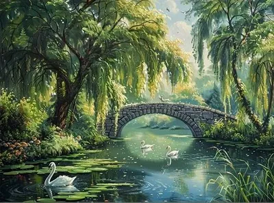 Produktbild von Malen nach Zahlen: Steinbrücke über einem Teich mit Schwänen, 40x50 cm, mit Rahmen