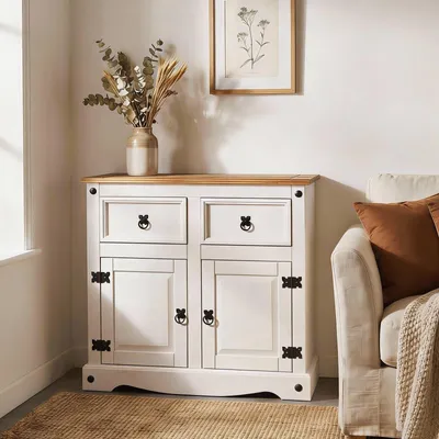 Produktbild von Kommode CAMPO Sideboard Buffetschrank Geschirrschrank Kiefer massiv mit 2 Schubladen und 2 Türen, braun/weiß