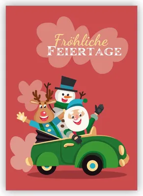 Produktbild von 4x Komische Auto Weihnachtskarte mit Weihnachtsmann: Fröhliche Feiertage