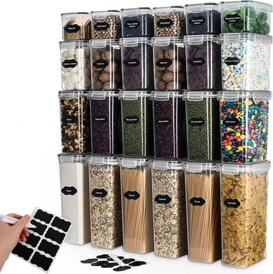 Produktbild von 24er Set versiegelte Lebensmittelbehälter, KunststoffVorratsdosen für Küche, transparente Müsli und Getreidebehälter zur Lebensmittelorganisation