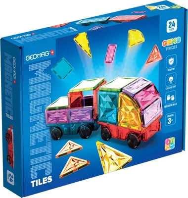 The image shows the retail packaging for Geomag Magnetic Tiles Gems Vehicles.