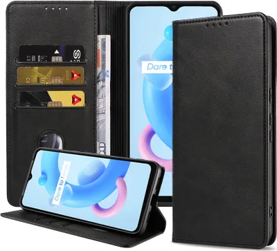 Produktbild von Smartphonica Handytasche passend für Realme C11 (2021) Kunstlederhülle mit Magnetverschluss und Kartenhalter Buchhülle mit Klappe - Schwarz