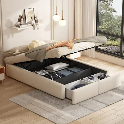Produktbild von CDGlobal Polsterbett 140x200cm mit 2 Schubladen, Hydraulisches Boxspringbett mit Lattenrost, Stauraumbett Doppelbett Holzbett ohne Kopfteil, Beige