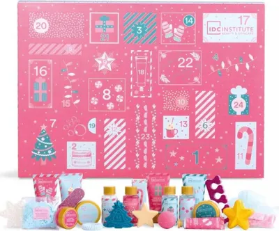 A pink advent calendar with numbered doors and various festive illustrations, with some of the advent calendar's contents displayed in front of it.