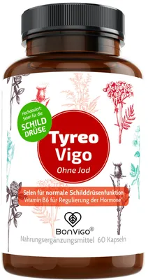 Produktbild von Schilddrüse: Selen Kapseln BonVigo® TyreoVigo - Selen unterstützt normale Funktion der Schilddrüse - Vit. B6 trägt zu Regulierung Hormone bei